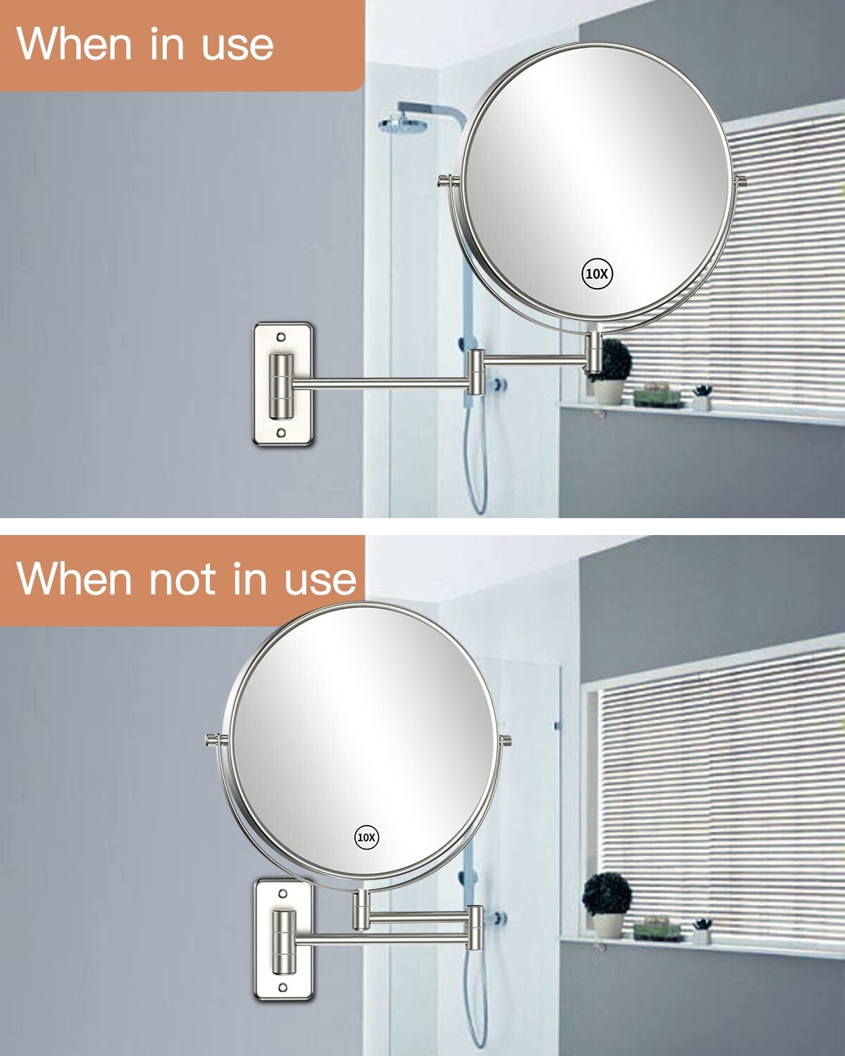 9-Inch Wall Mounted Makeup Mirror with 1X/10X Magnification, Swivel & Extendable Arm