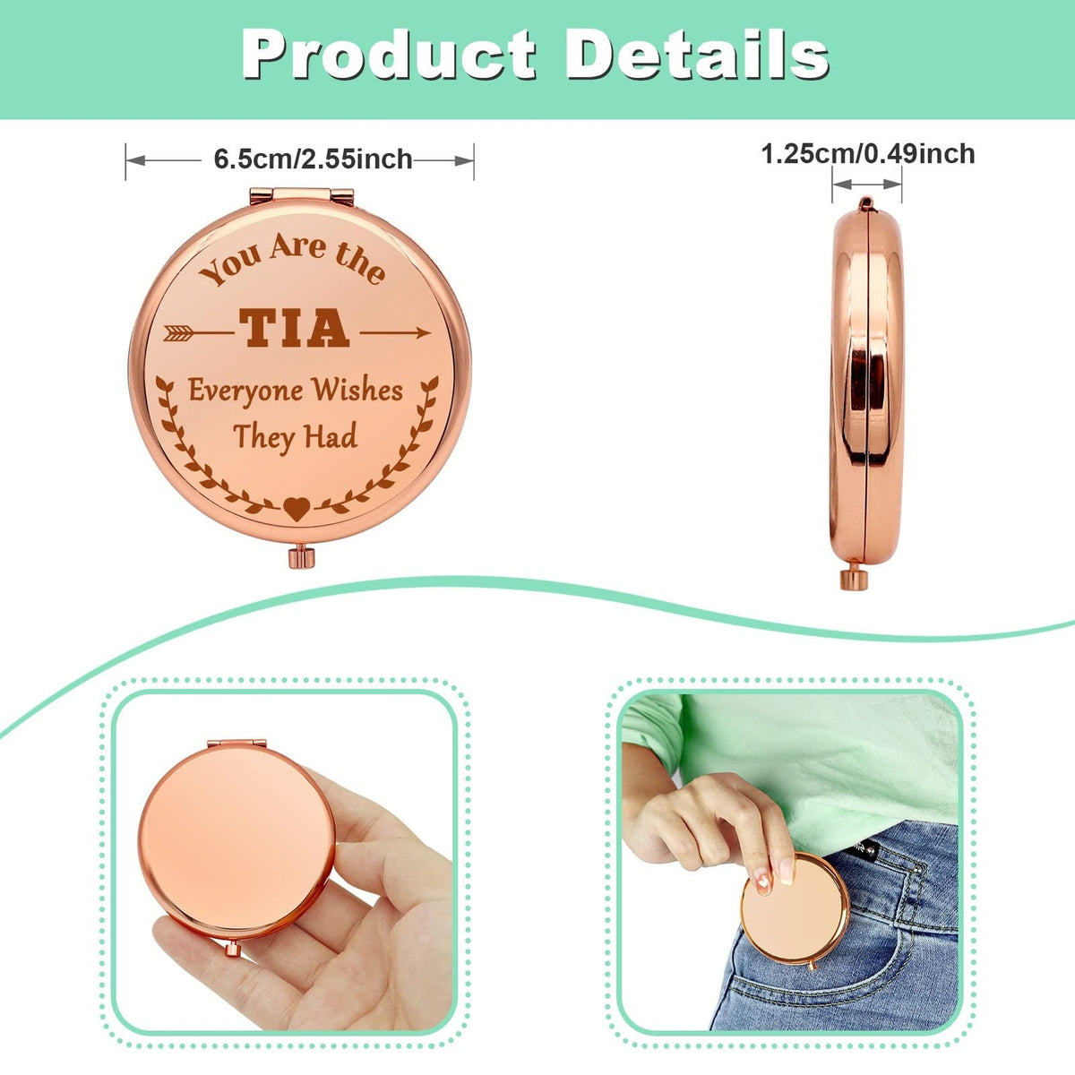 Compact Makeup Mirror for Women - Foldable Rose Gold Tia Gift from Niece
