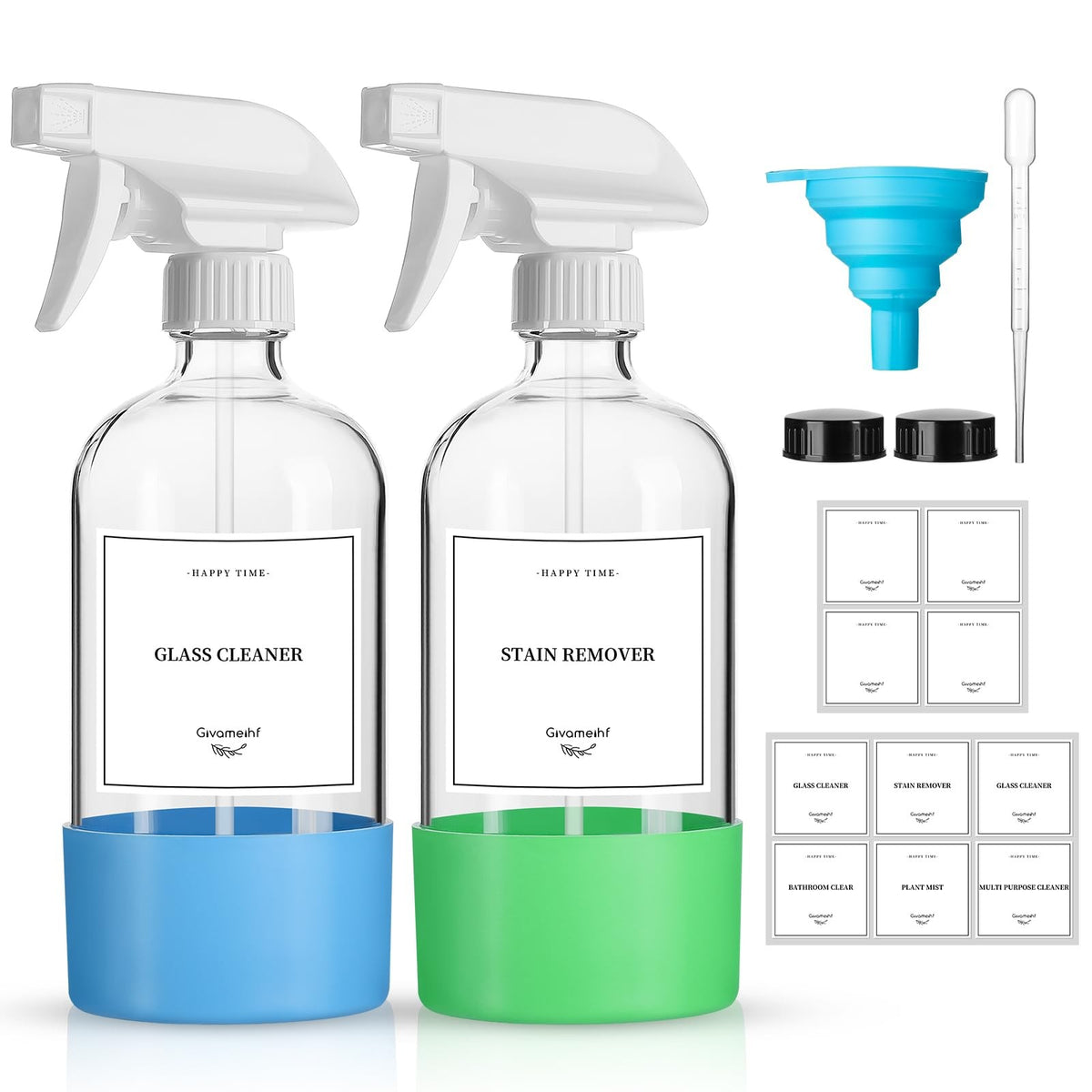 16 Oz Glass Spray Bottles Set with Silicone Sleeves & Adjustable Nozzle