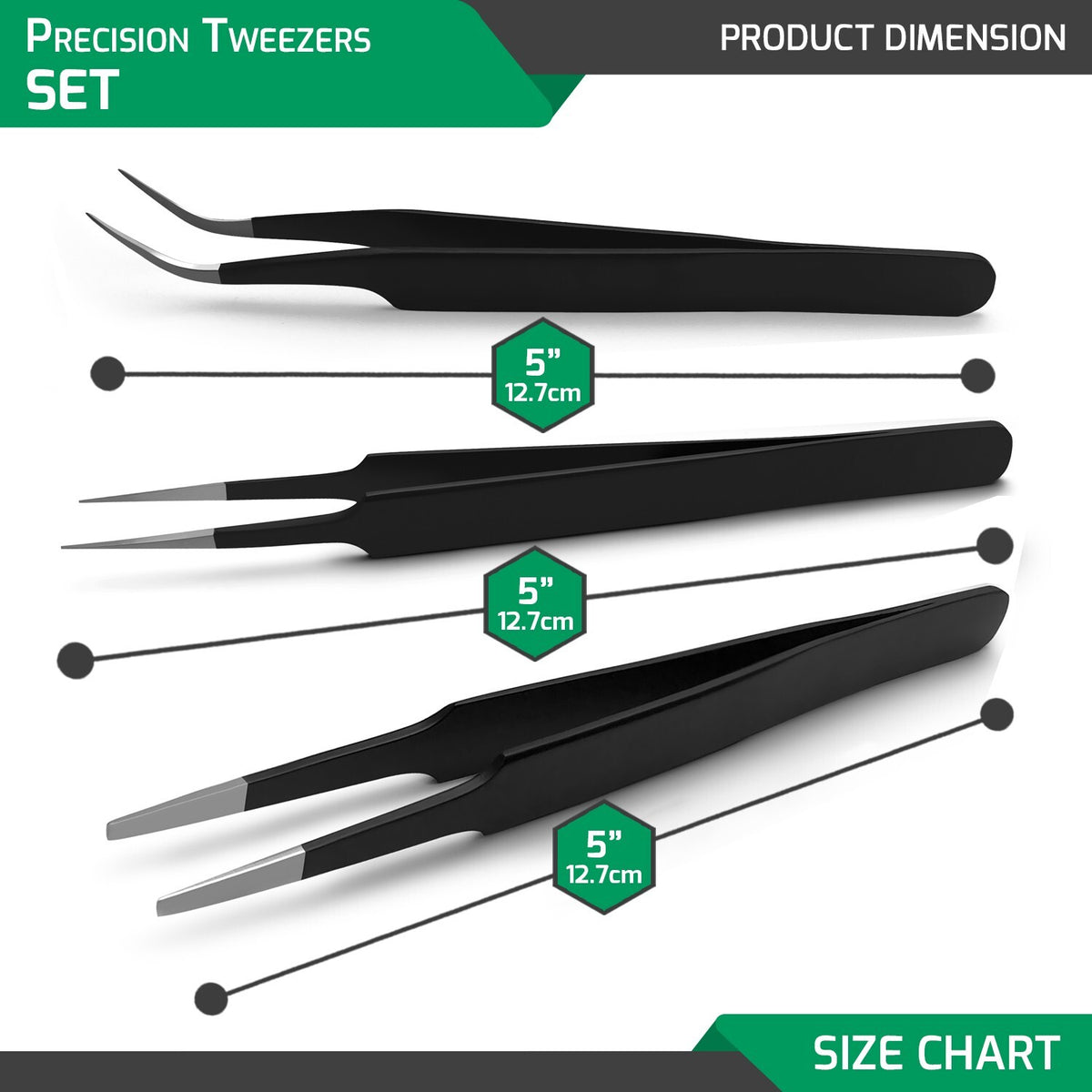 Precision Tweezers Set 3 Pcs with Carrying Case - Extra Fine, Angled, Blunt Tips for Electronics & Beauty