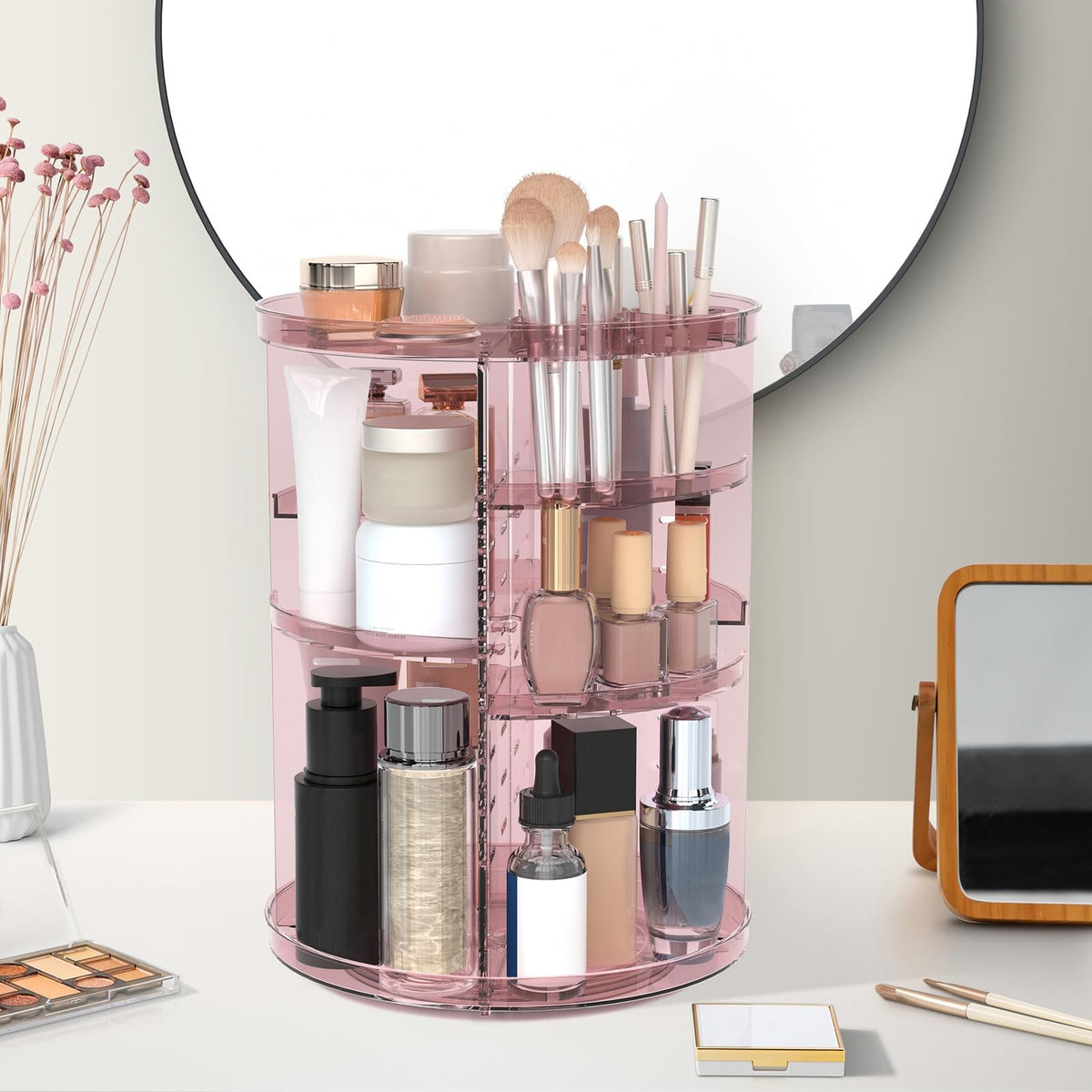Rotating Makeup Organizer with Adjustable Layers and Silent Spin - Pink