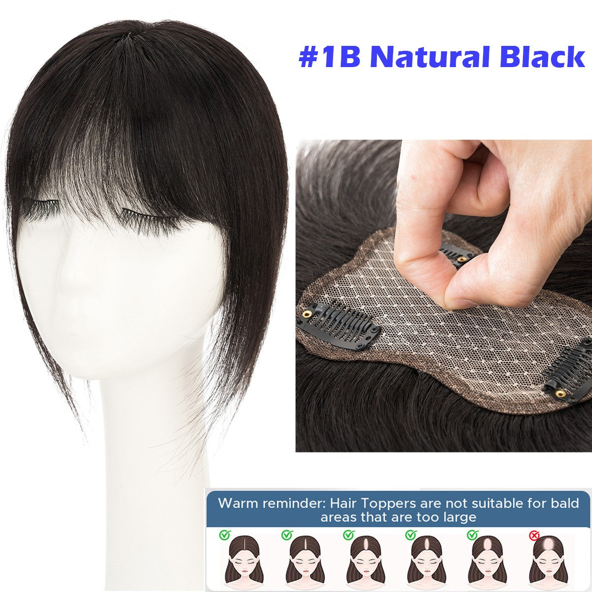 Remy Human Hair Clip-In Topper with Silk Lace Base & Bangs - Custom Sizes & Colors