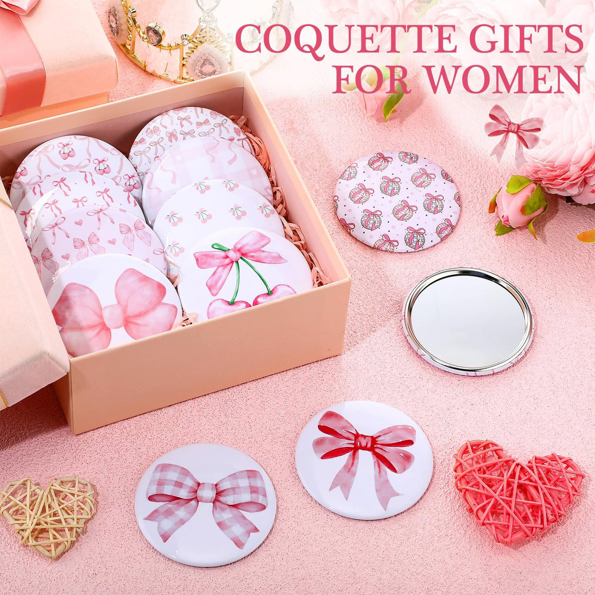 Mini Compact Mirror Set - Pink Bow Party Favors, 12 Pack