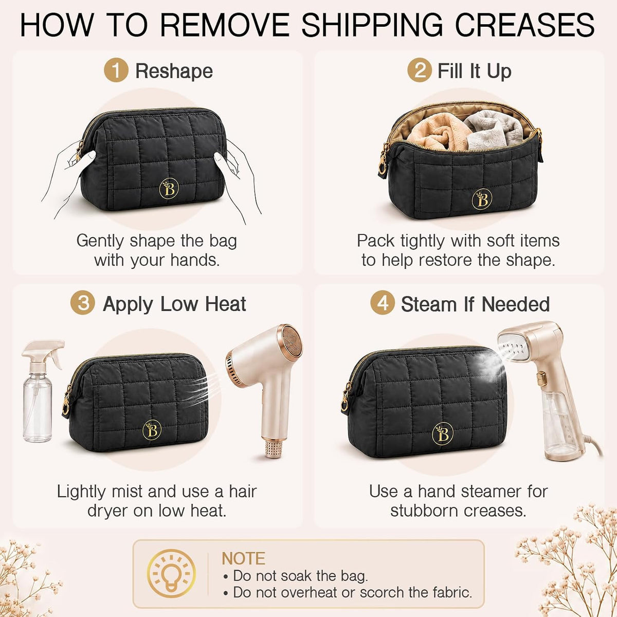 Quilted Black Makeup Bag | Travel Toiletry Organizer with Wide-Open Top