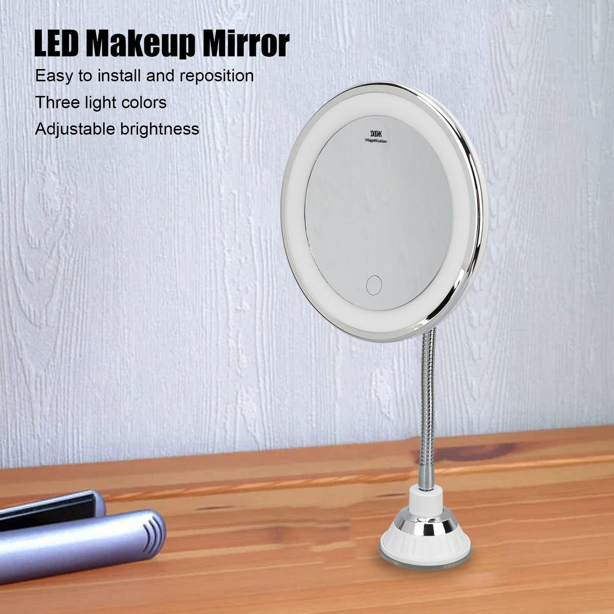 LED Makeup Mirror 10x Magnification, Wall Mount Round Reflector with 22 LEDs, USB/Battery Powered