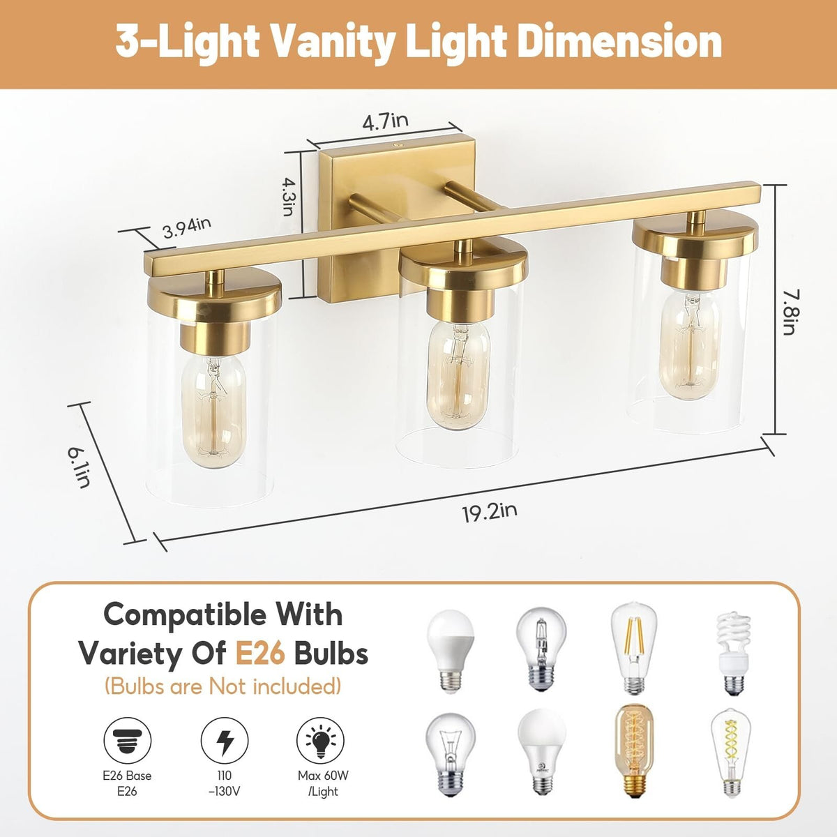 20in Bathroom Vanity Light Fixture with 3 Clear Glass Shades - Gold Wall Sconce
