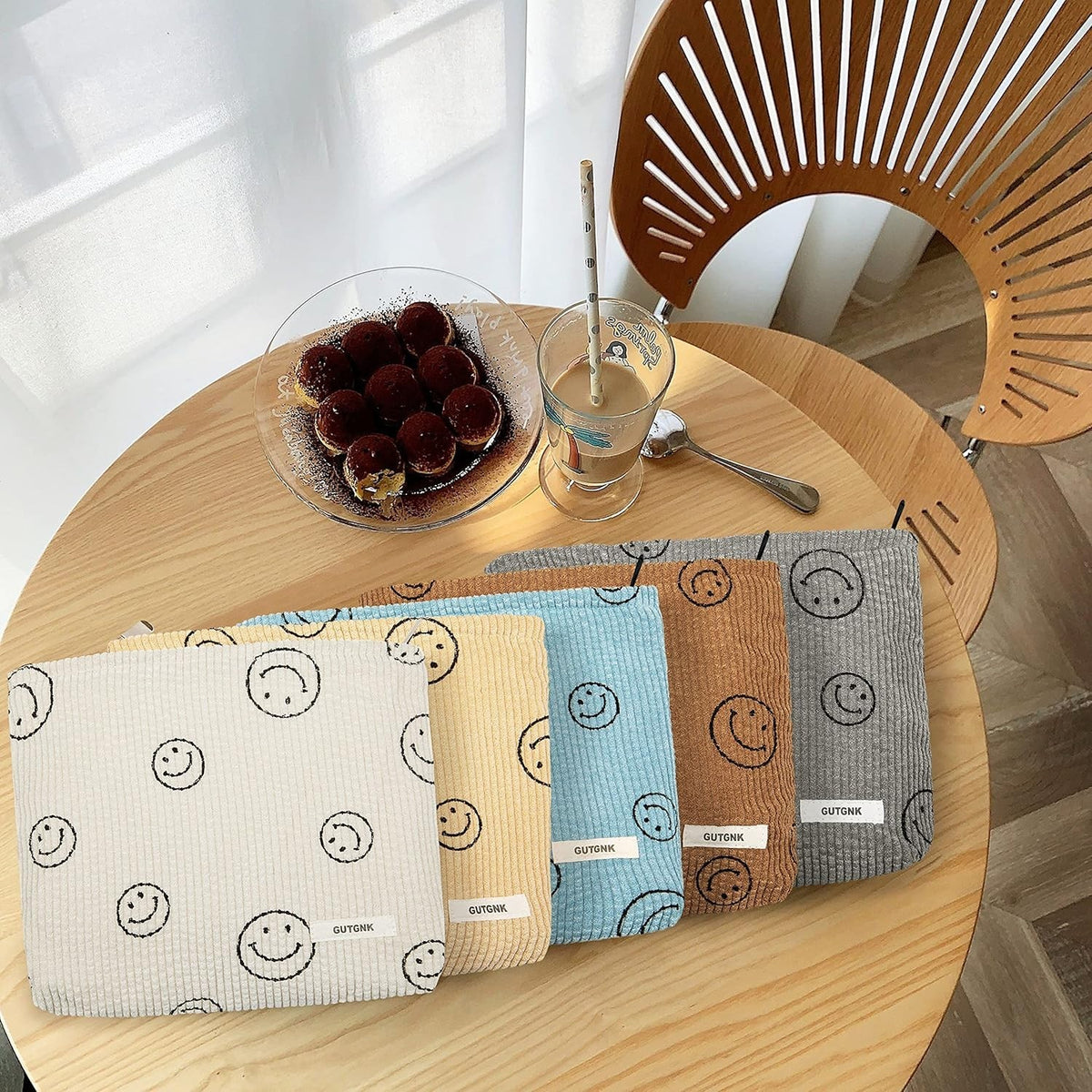 Corduroy Makeup Bag for Women - Aesthetic Ladies Tote with Smiling Faces