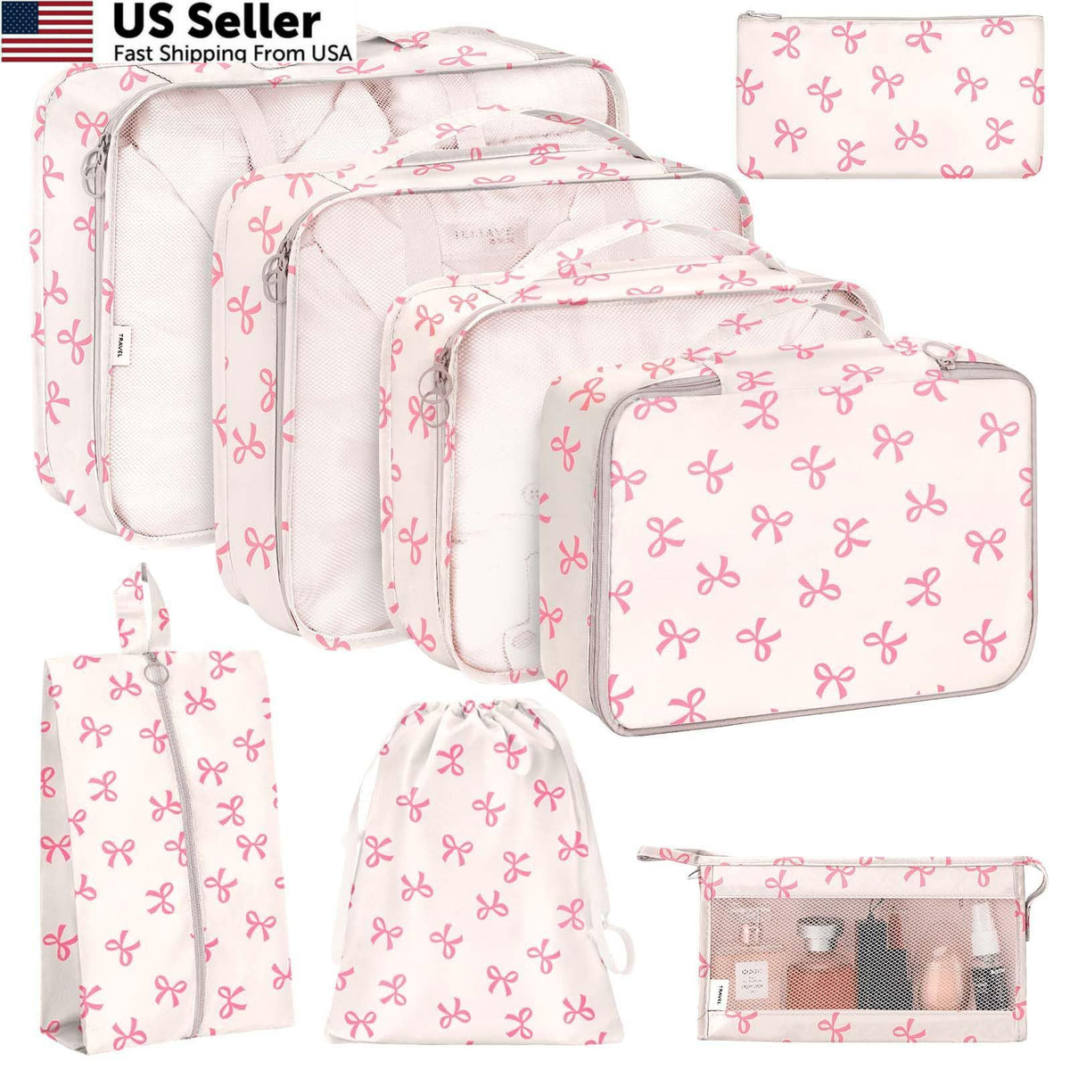Travel Packing Cubes Set with Multiple Sizes and Accessories - Pink Bow