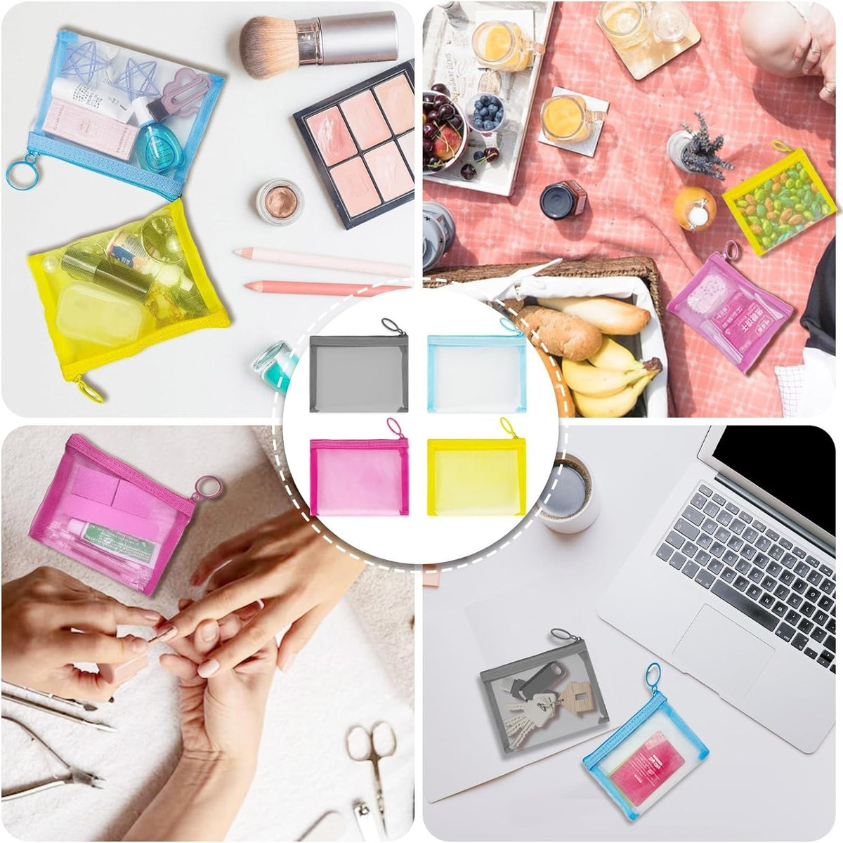 Mini Mesh Makeup Bags 4 Pack - Small Zipper Nylon Cosmetic Pouches