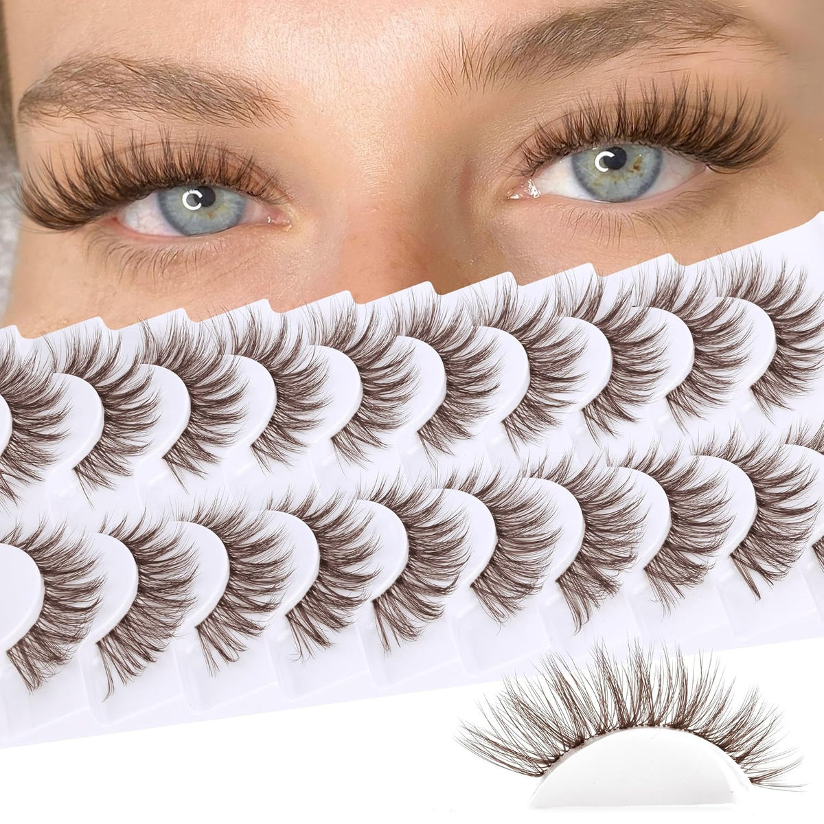 Brown False Eyelashes Wispy Cat Eye C-Curly Natural Look Reusable Strip Lashes