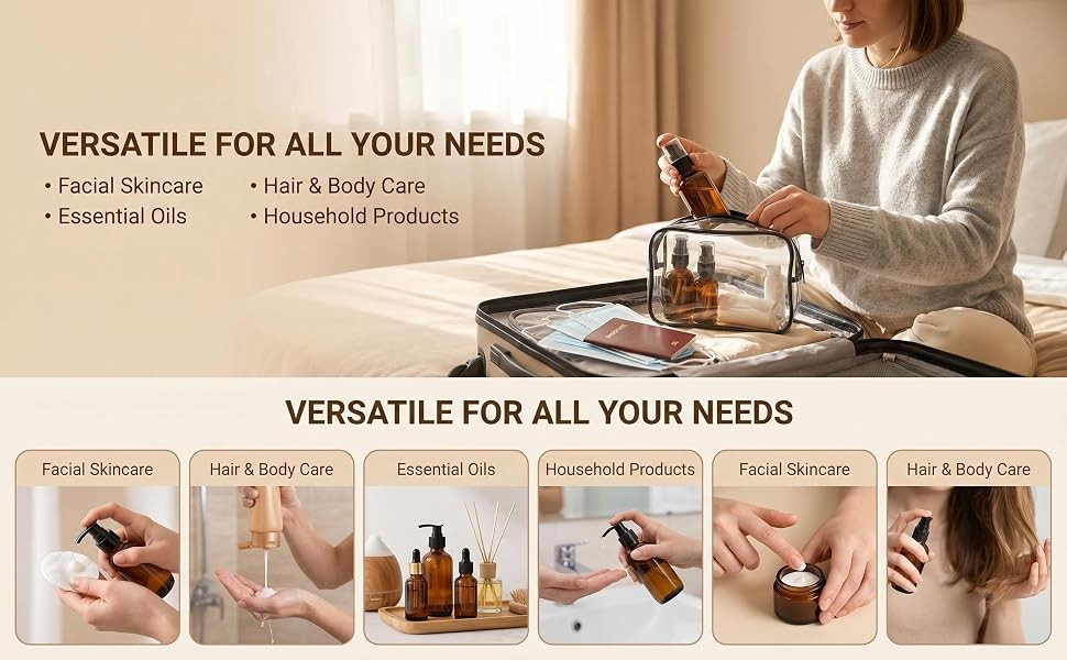 3 Pack 60ml Amber Plastic Travel Lotion Bottles with Pump Dispenser