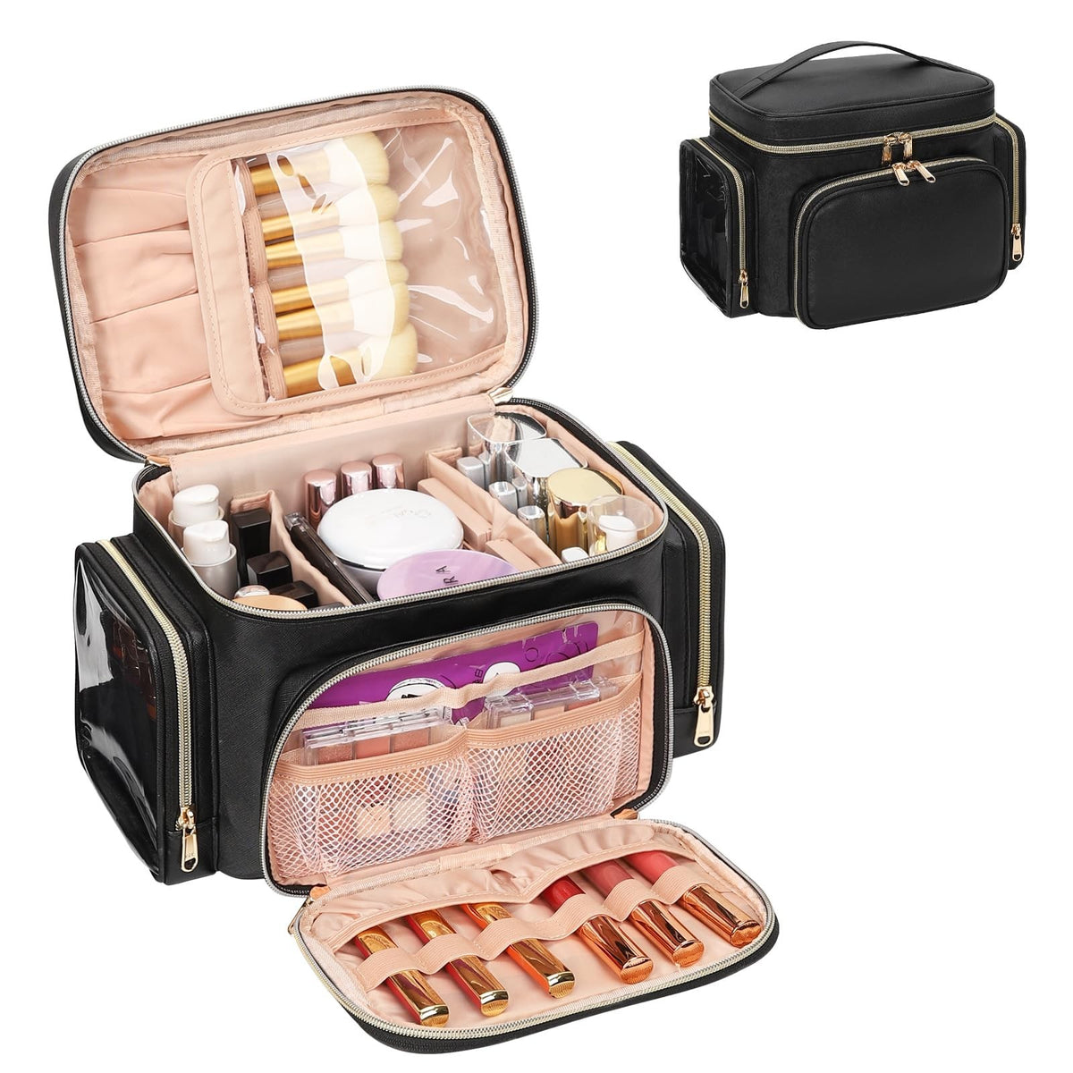 Large Travel Makeup Bag Organizer with Brush Compartments & Pockets - Waterproof Cosmetic Bag for Women & Girls