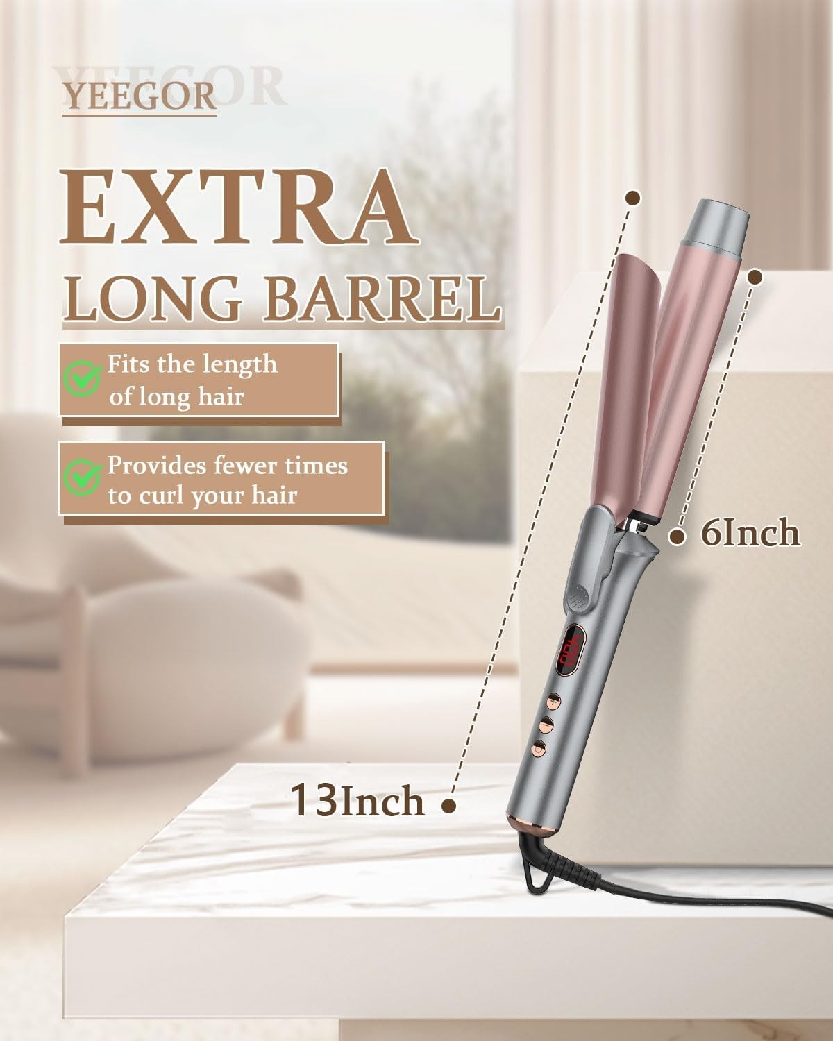 Long Ceramic Curling Iron 1-1/4 Inch Barrel with 5 Temperature Settings