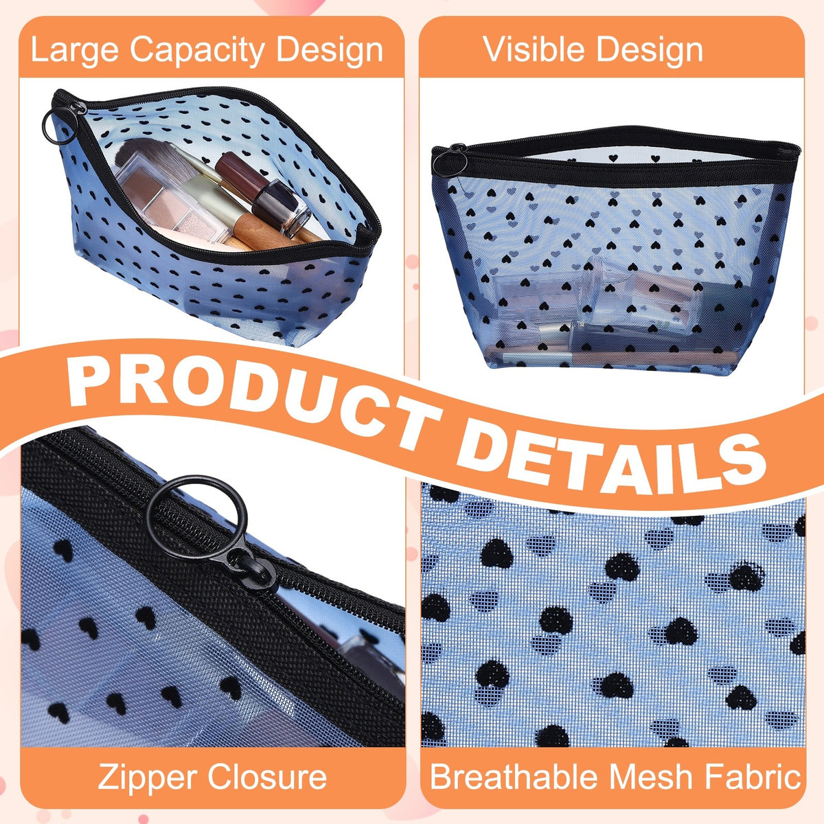 2 Pack Mesh Makeup Bags with Heart Print - Portable Cosmetic Organizer