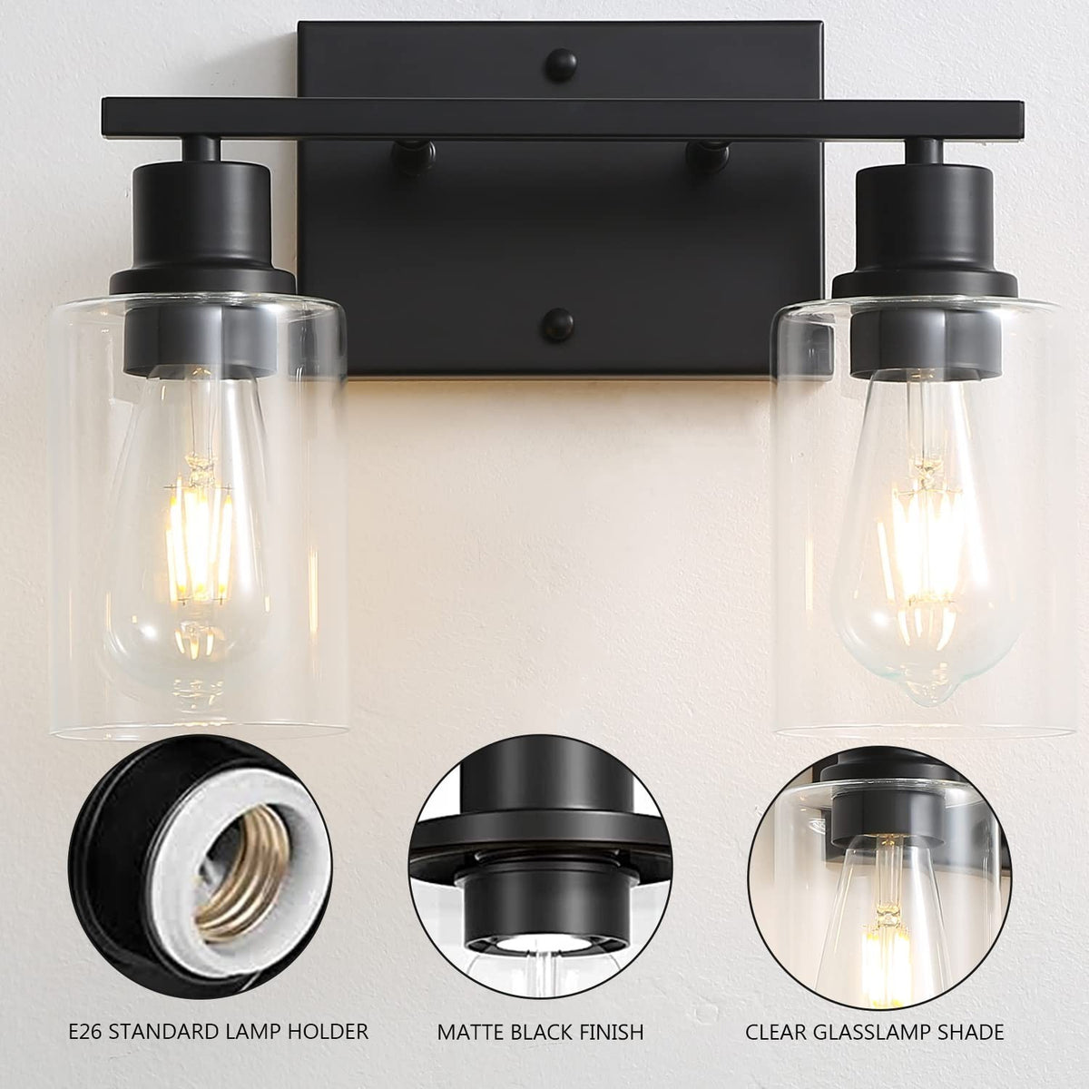 2-Light Matte Black Bathroom Vanity Light Fixtures with Clear Glass Shades