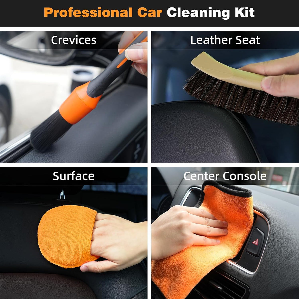 Car Detailing Brush Set with Horsehair and Boar Bristle - 9 Pieces