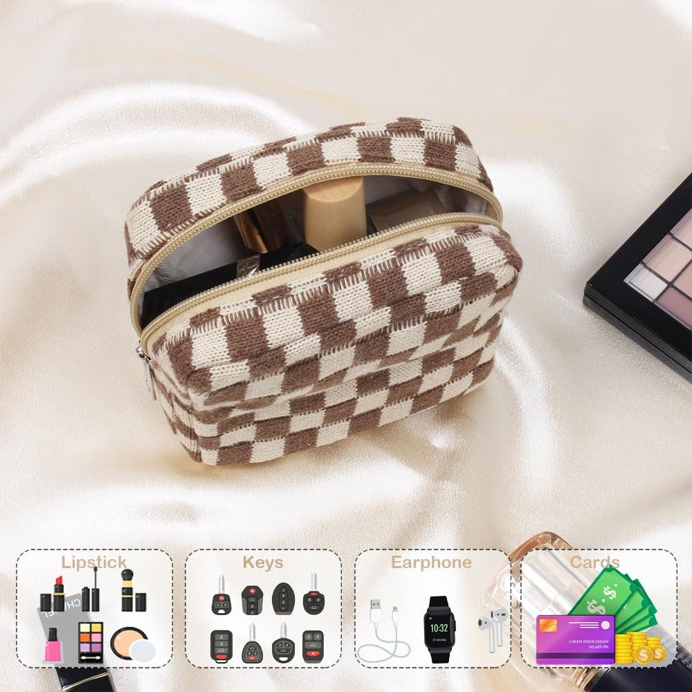Mini Checkered Makeup Bag for Travel and Purse Storage - Cute Brown Cosmetic Pouch