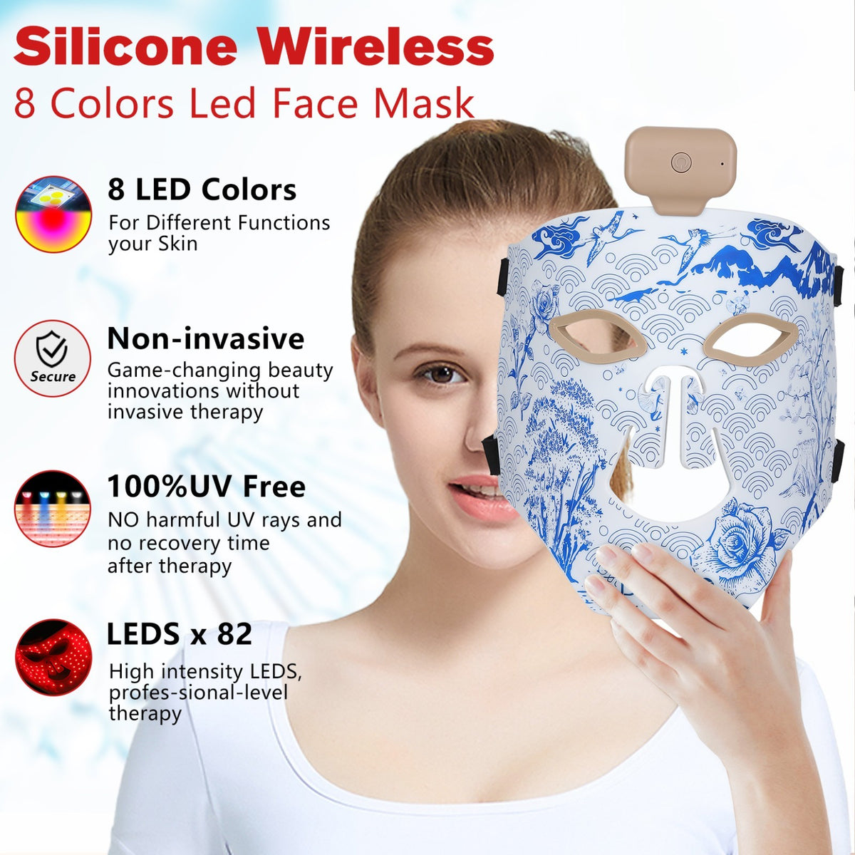 8-Color LED Red Light Therapy Face Mask, Cordless