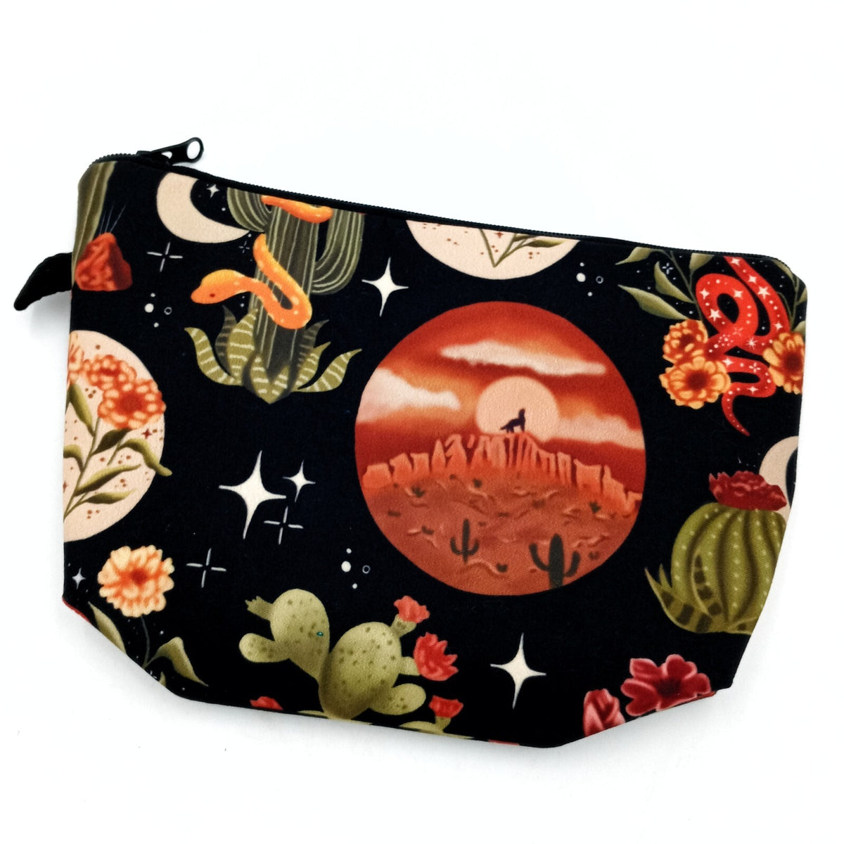 Southwest Coyote Snake Cactus Makeup Pouch Zippered Bag - 9x6 Inches