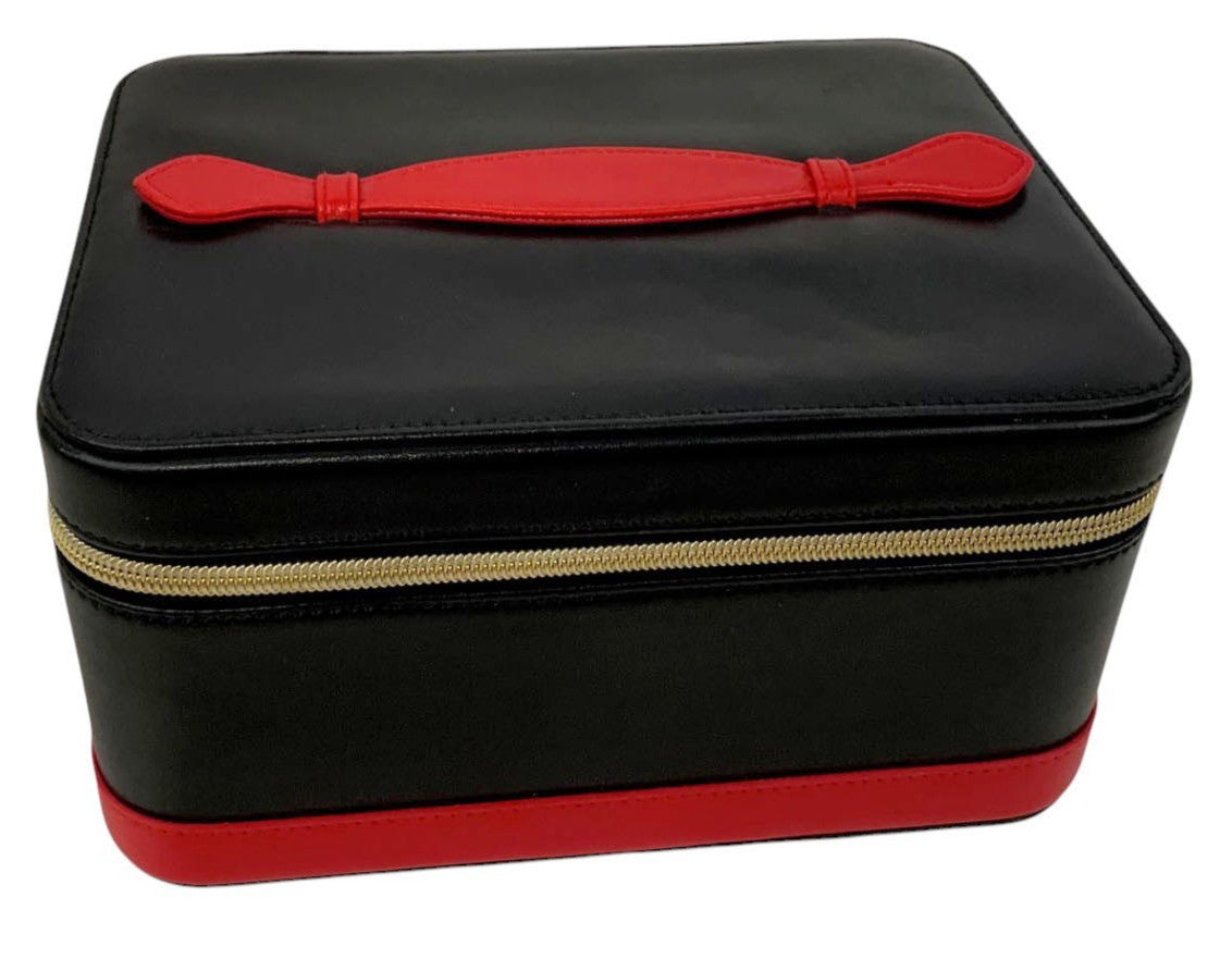 Large Leather Cosmetic Storage Box with Mirror - Black & Red Organizer