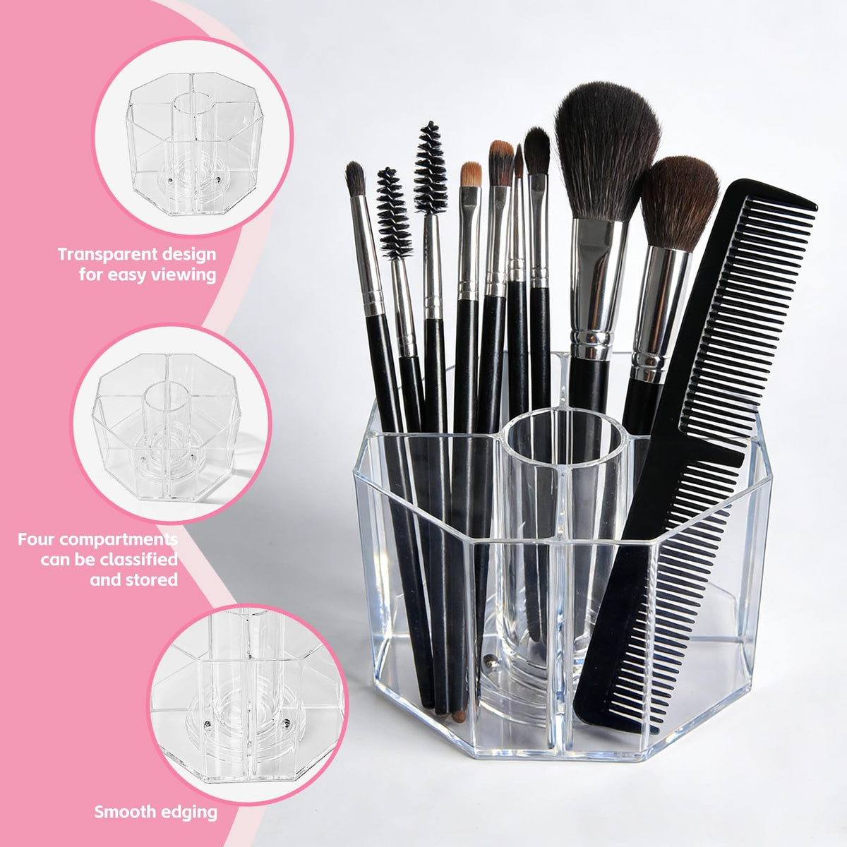 Acrylic Makeup Brush Holder 6.5 Inch Rotating Organizer with 4 Compartments