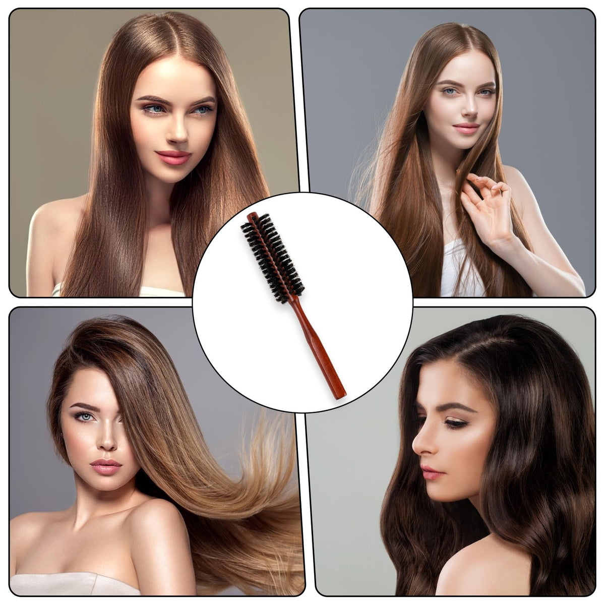 Small Round Boar Bristle Hair Brush for Thin Short Hair - Natural Wooden Styling Brush