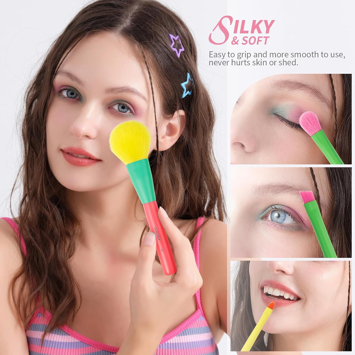 15-Piece Colorful Synthetic Makeup Brush Set for Face & Eyes