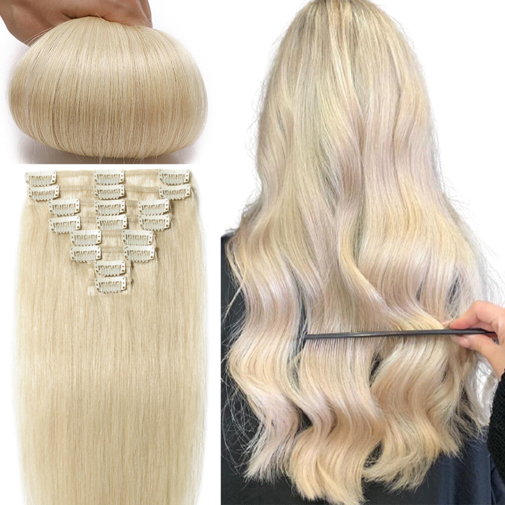 Clip-In Hair Extensions Full Head Set - Remy Human Hair, Multiple Colors & Lengths