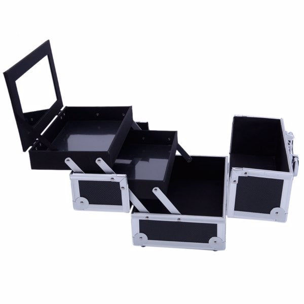 Portable Aluminum Makeup Storage Bag with Mirror & Key - Black