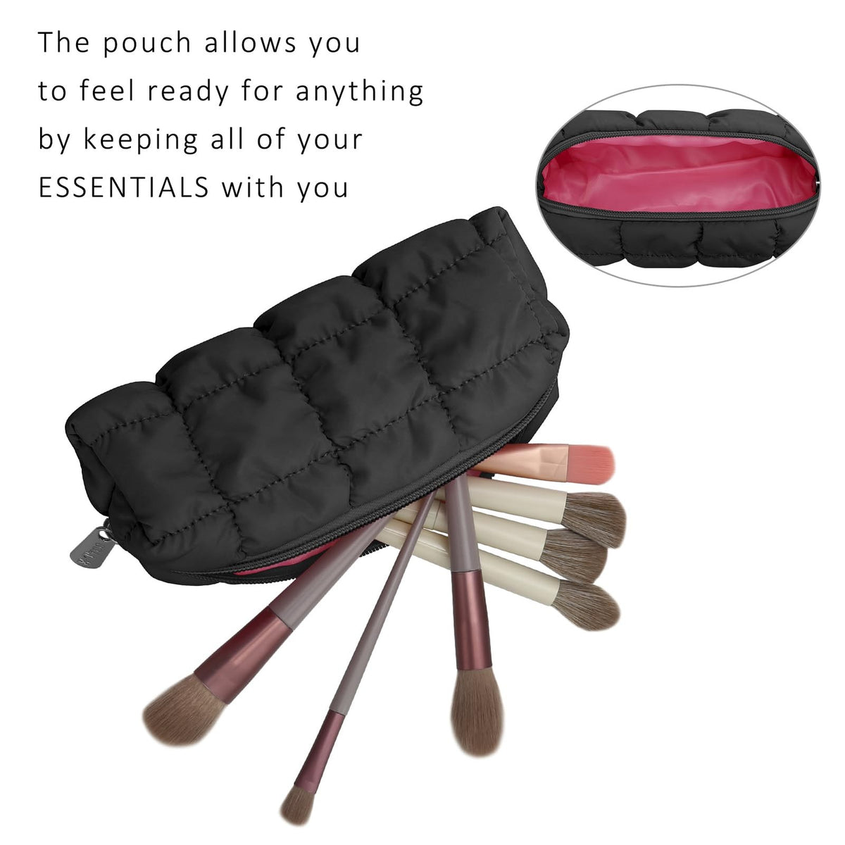Black Quilted Makeup Brush & Toiletry Organizer Bag - Compact & Stylish