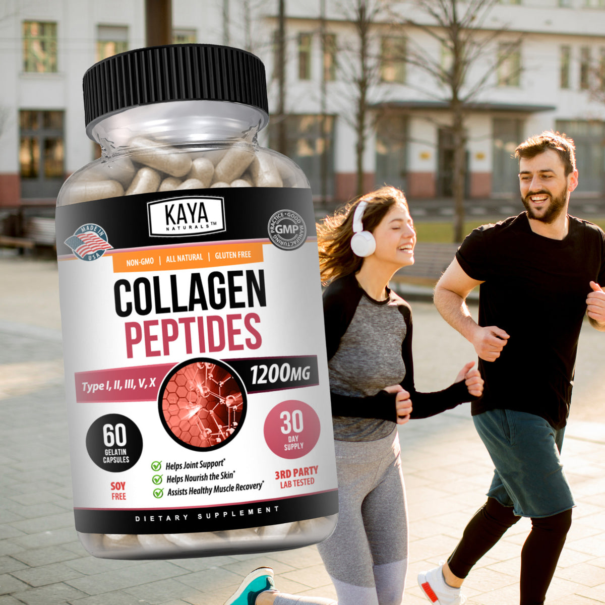 Collagen Peptides Capsules with Hyaluronic Acid - Types I, II, III, V, X 1200mg - 60 Capsules