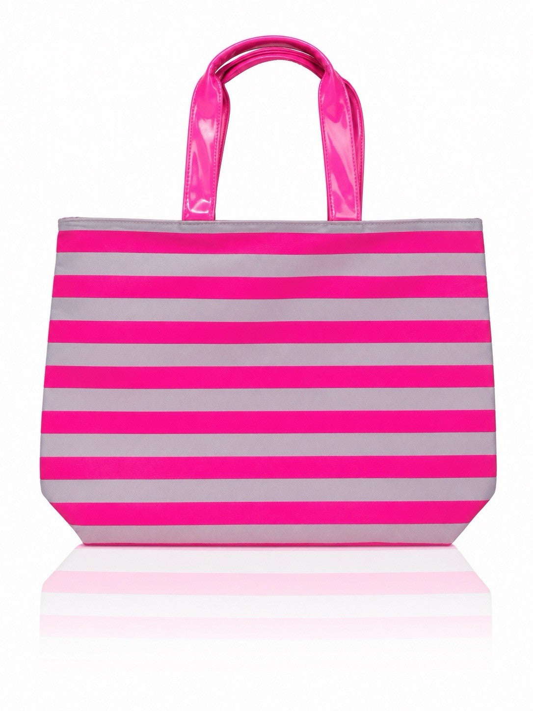 Set of 2 Large Pink and Gray Striped Tote Bags for Travel and Shopping