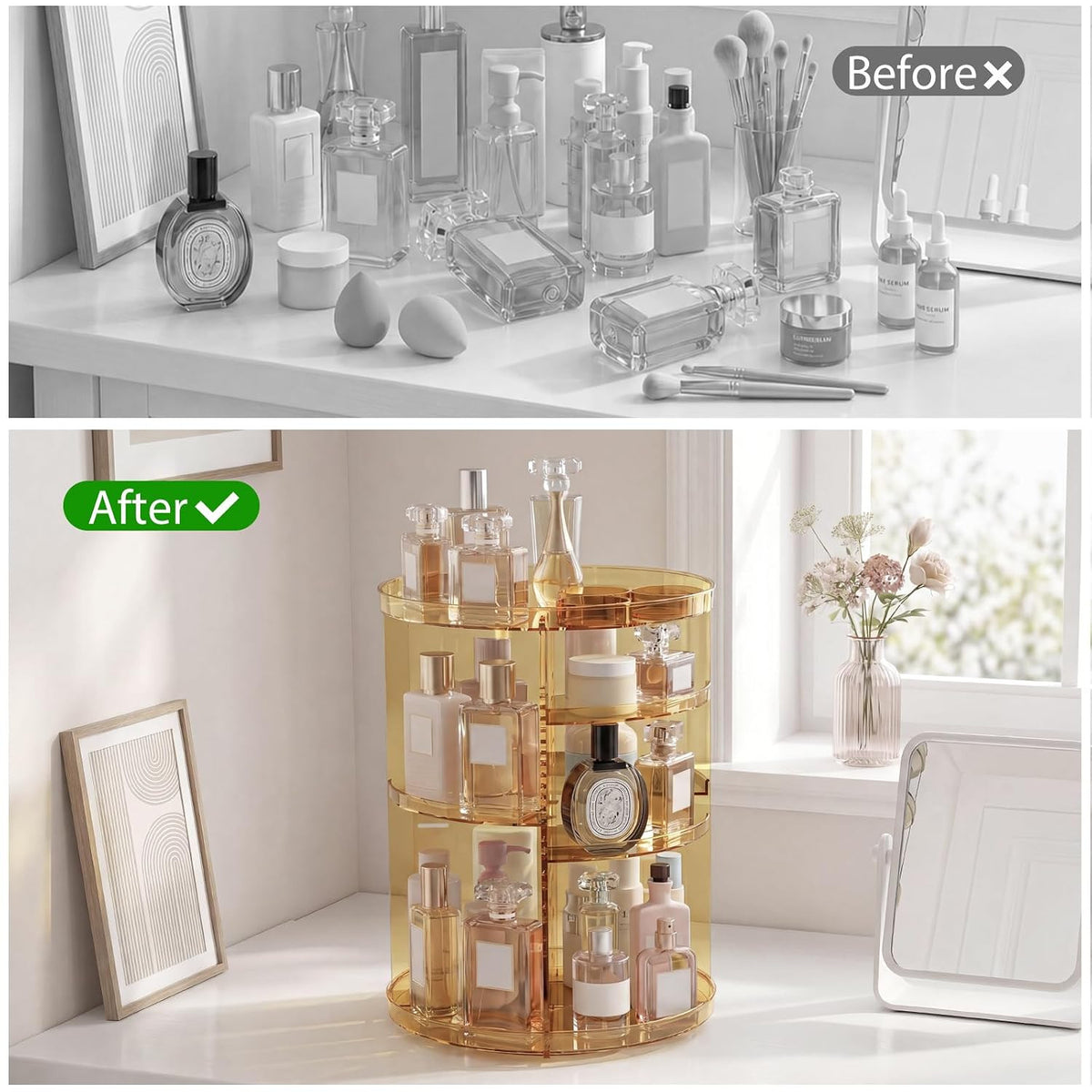 Rotating Makeup Organizer with Adjustable Layers and Storage