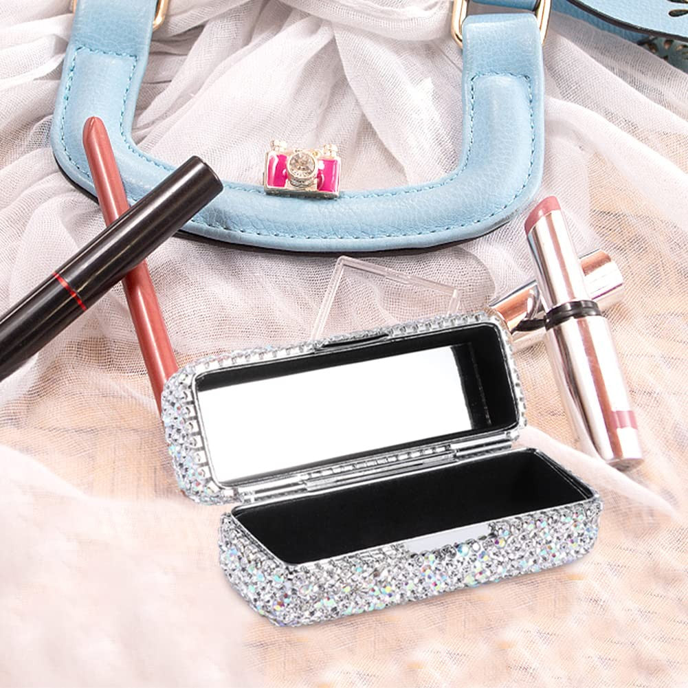 Crystal Rhinestone Lipstick Organizer with Mirror - Bling Makeup Case for Travel & Vanity