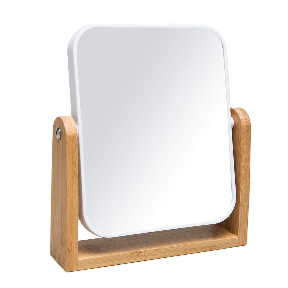 Vanity Makeup Mirror with Bamboo Stand, 8 Inch Double-Sided 360° Swivel