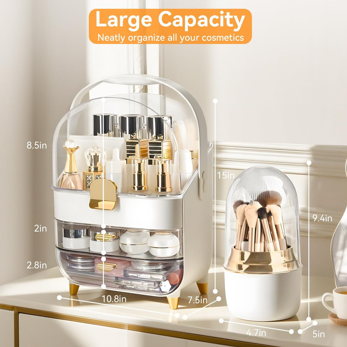 Rose Gold Makeup Organizer with Drawers & Brush Holder for Vanity