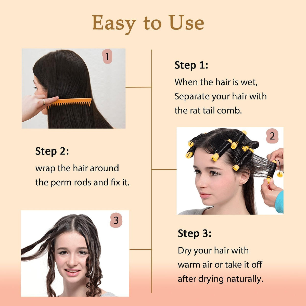 60 Pieces Hair Perm Rods Curlers Set with Comb - Plastic Cold Wave Rollers