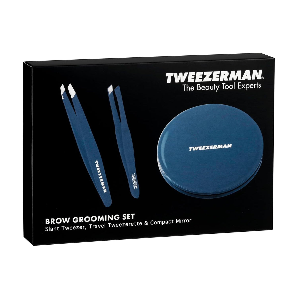 Tweezerman Brow & Lash Grooming Set with Compact Mirror and Mini Slant Tweezer - Blue