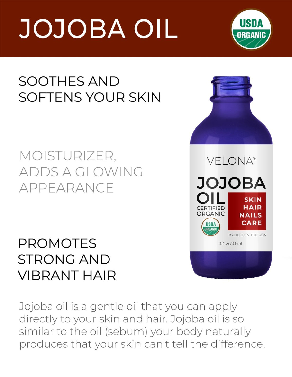Organic Jojoba Oil 2 Fl Oz - USDA Certified, Cold Pressed, Natural Skin & Hair Care