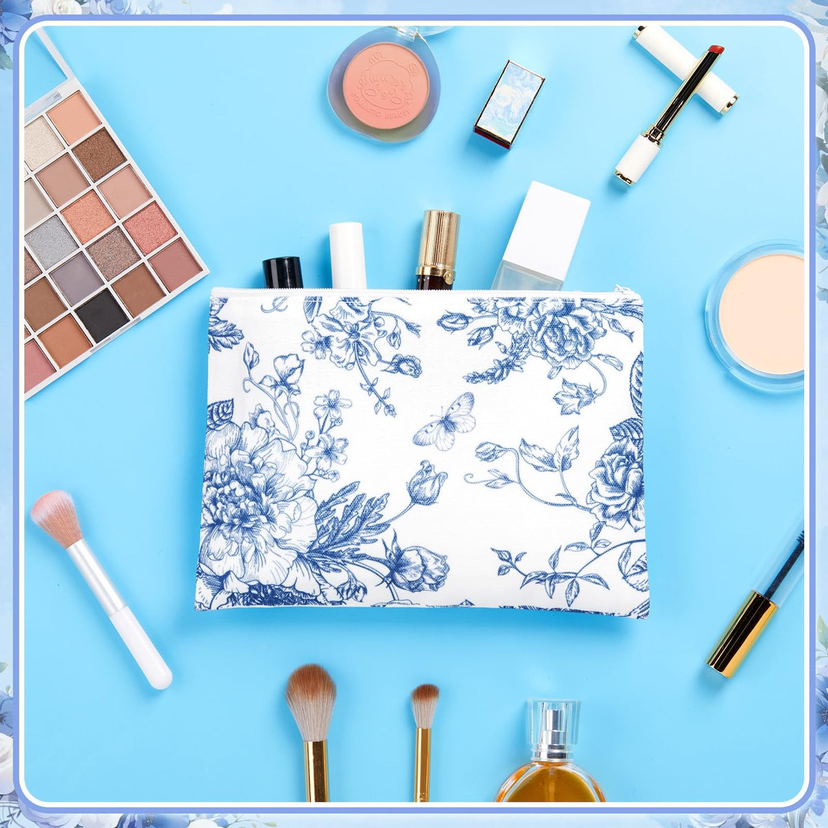 Floral Makeup Bags Set of 10 - Travel Cosmetic Organizer, Blue