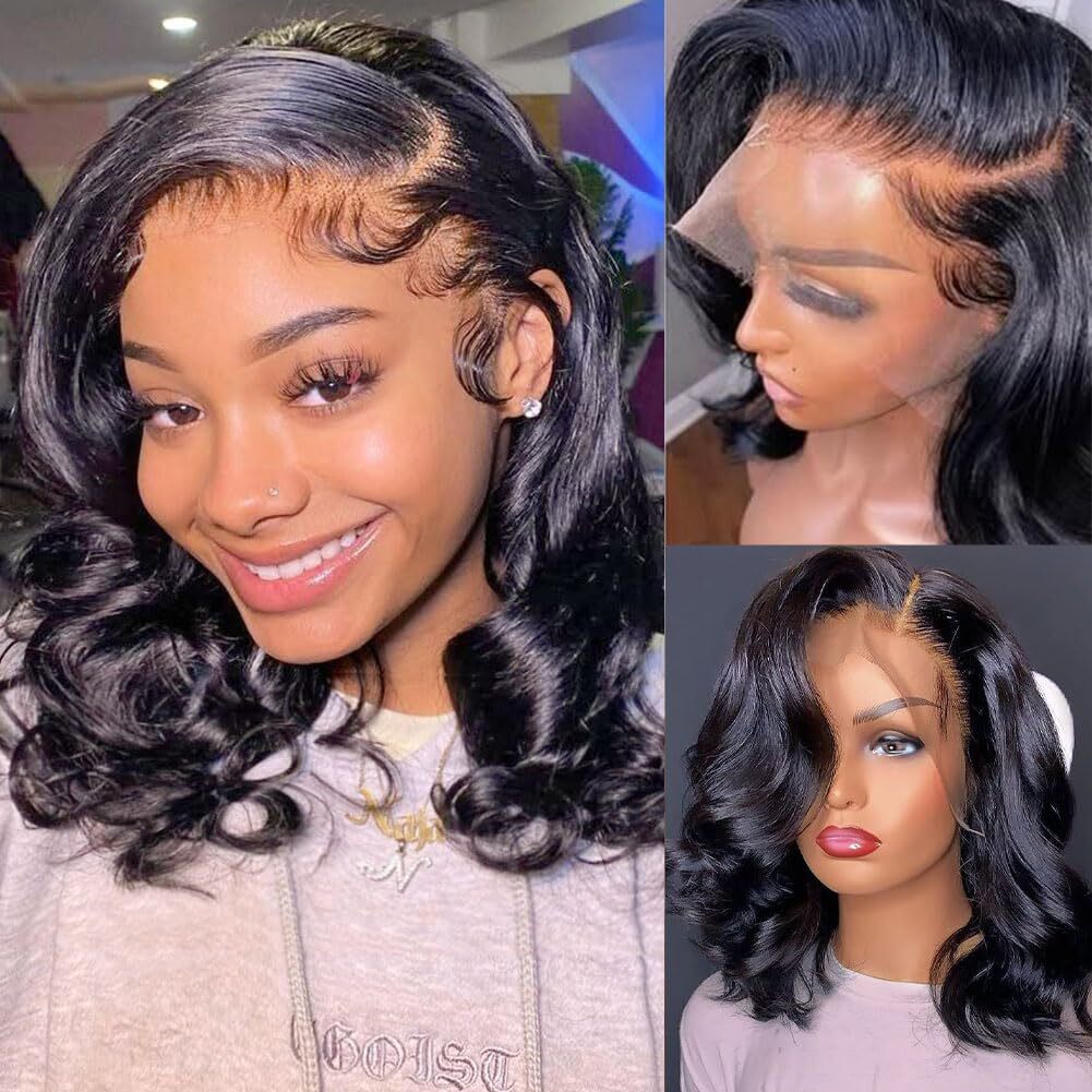 14-Inch Lace Front Bob Wig Black Natural Hair Body Wave Pre-Plucked for Women