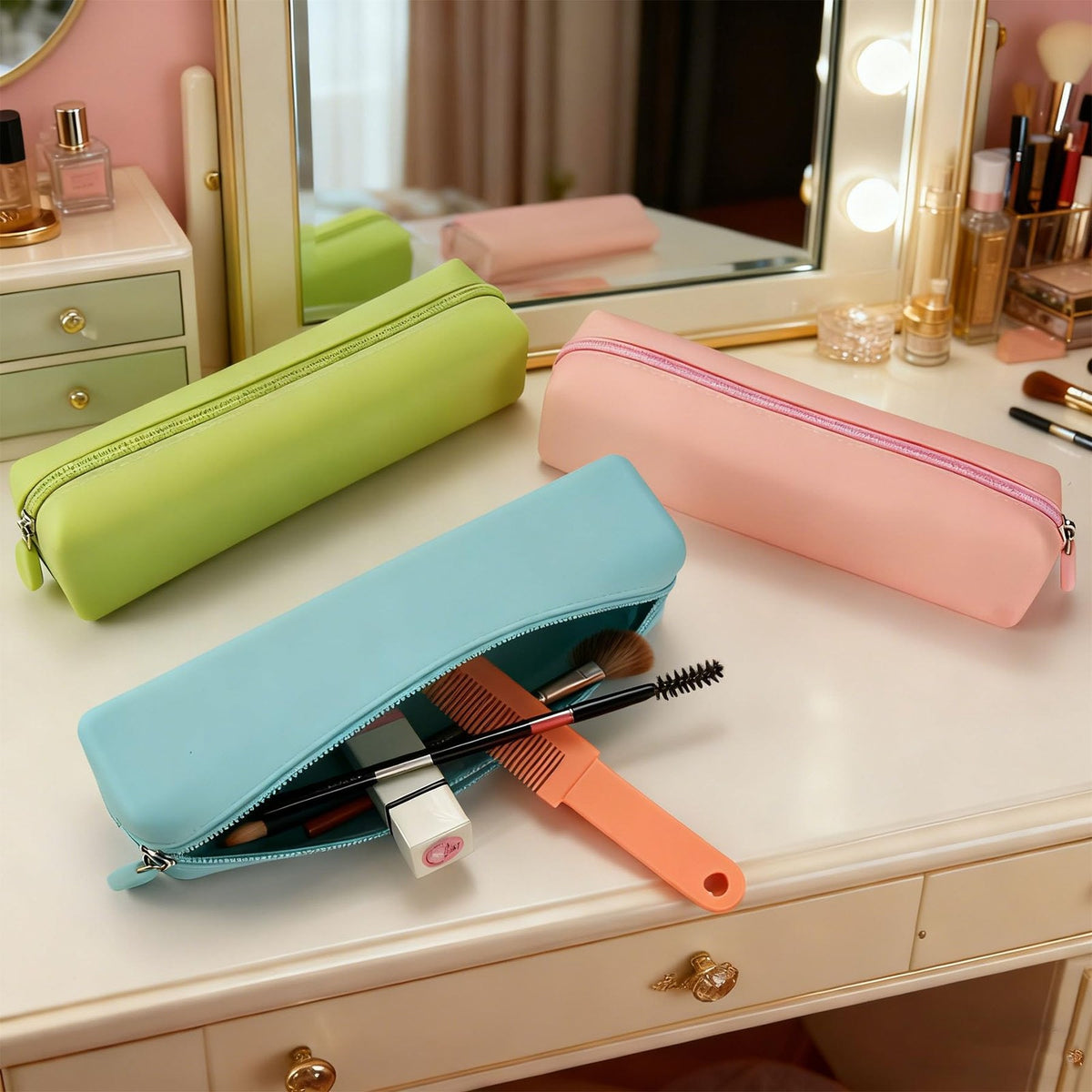 Silicone Cosmetic Bag Set - Pink and Yellow 8.46x2.36x2.17 Inches, 2 Pack