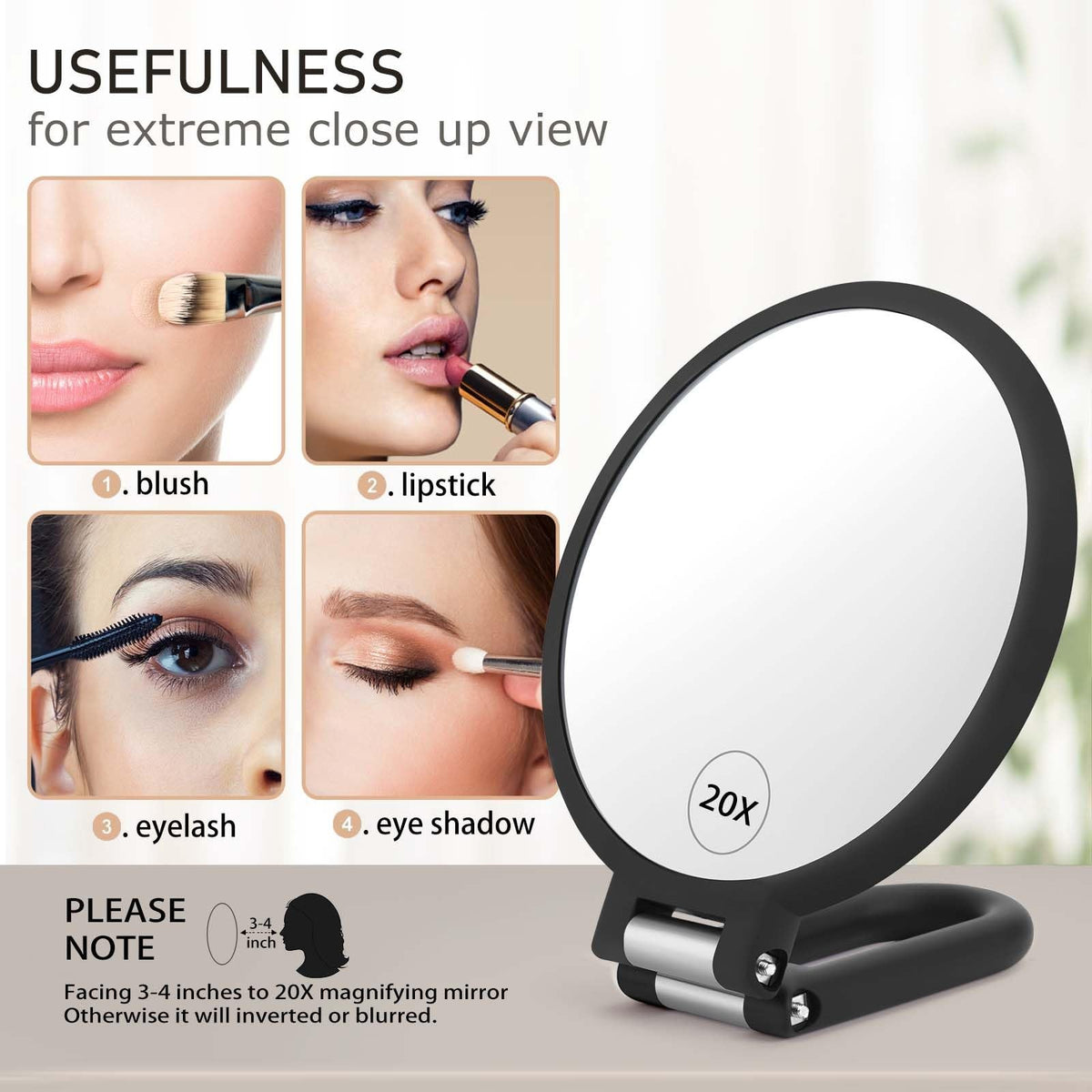 Double Sided Magnifying Handheld Mirror 1X 20X for Makeup & Travel