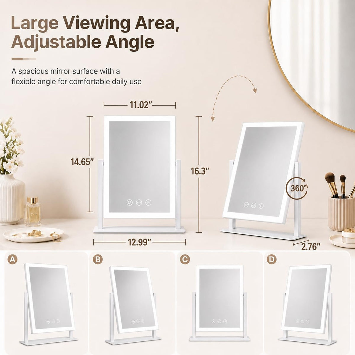 Vanity Makeup Mirror with Lights - 16x13 inch, 3 Color Modes, 360° Rotation