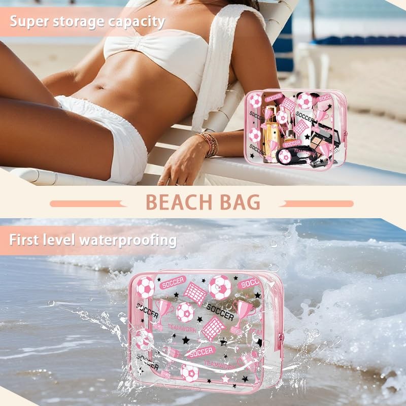 Soccer Clear Makeup Bag with Zipper - Pink Sports Cosmetic Organizer