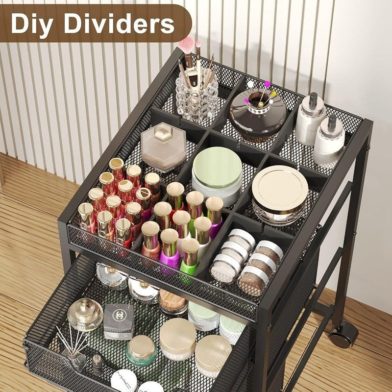 3-Drawer Rolling Makeup Organizer Cart with Dividers - Black