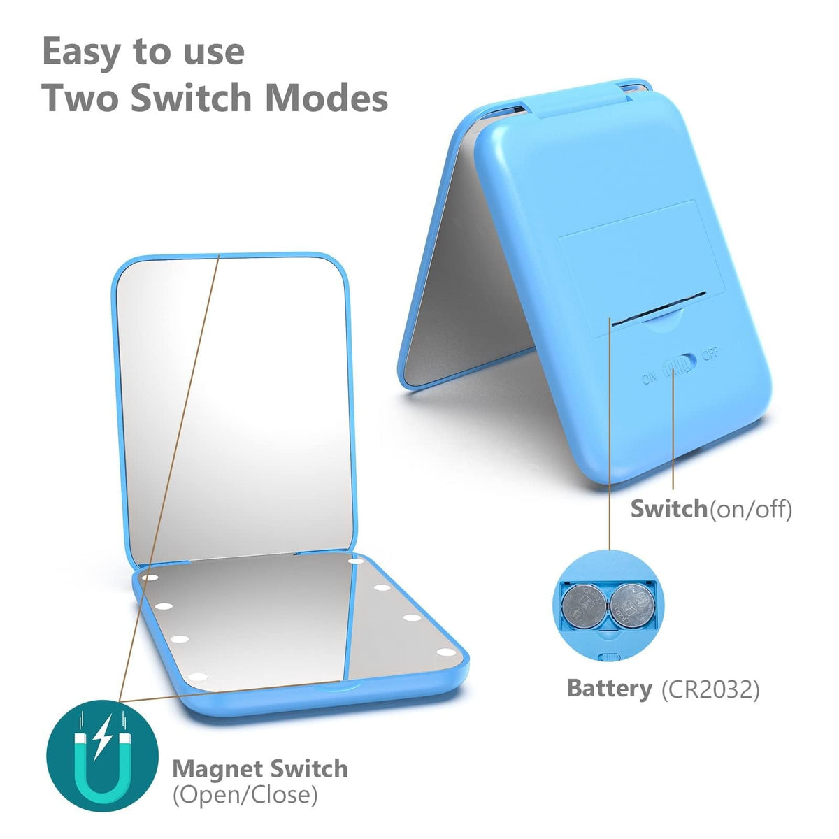 LED Compact Travel Makeup Mirror with 1X/3X Magnification & Light - Blue