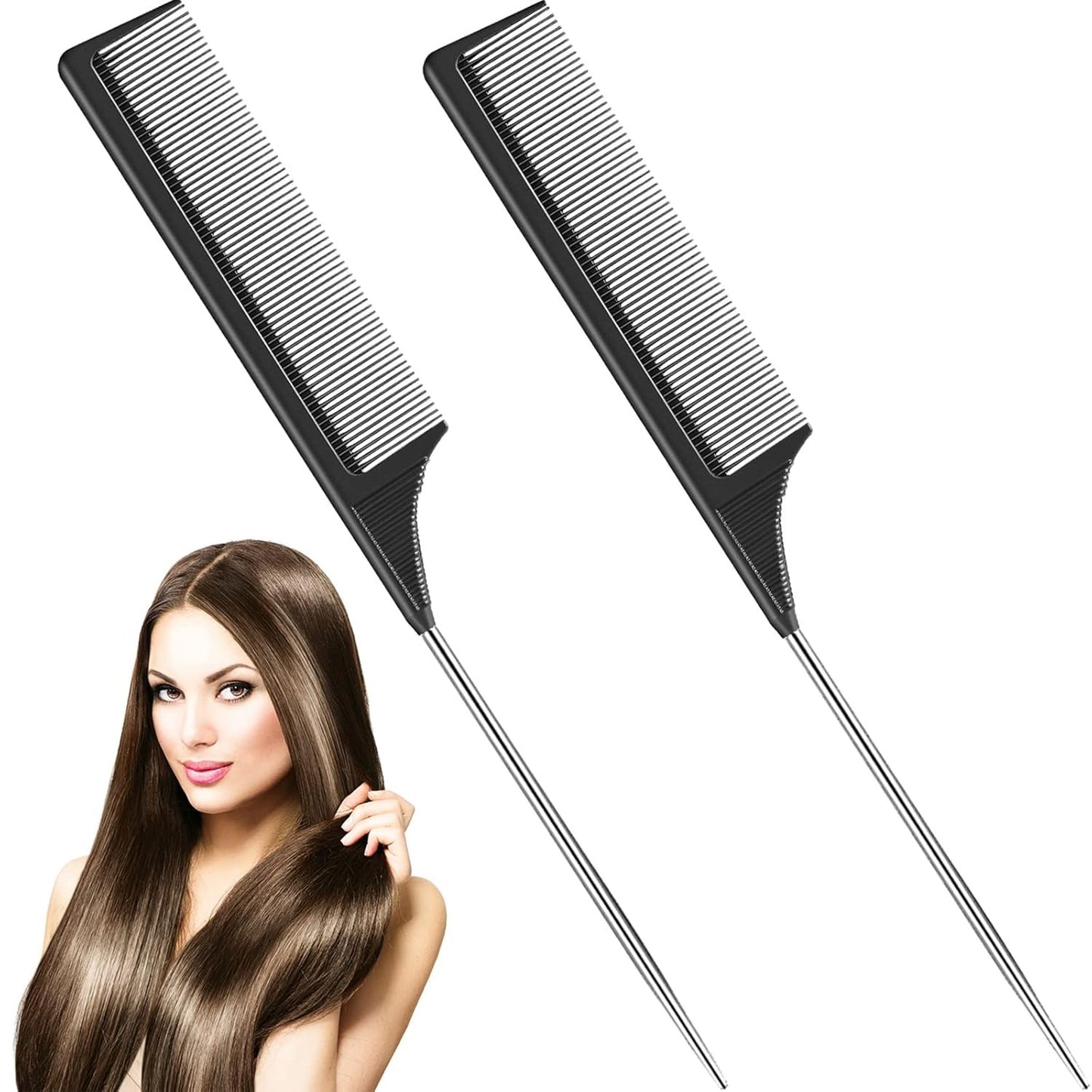 Steel Tail Comb for Hair Styling & Parting - Heat-Resistant, Anti-Static, 2-Pack
