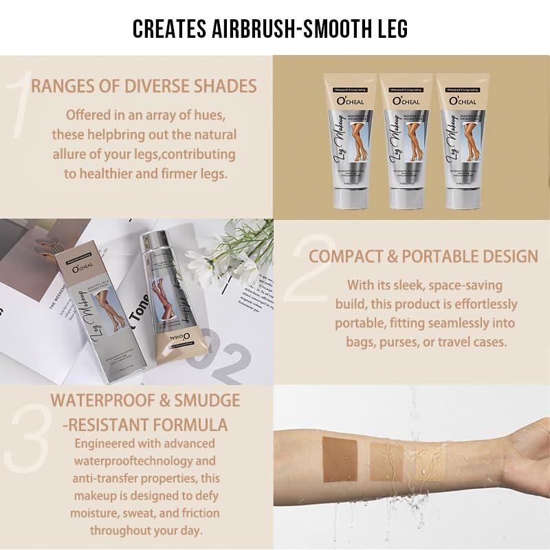 Waterproof Leg Makeup Cream - Natural, Light & Dark Shades, 3.4 Oz