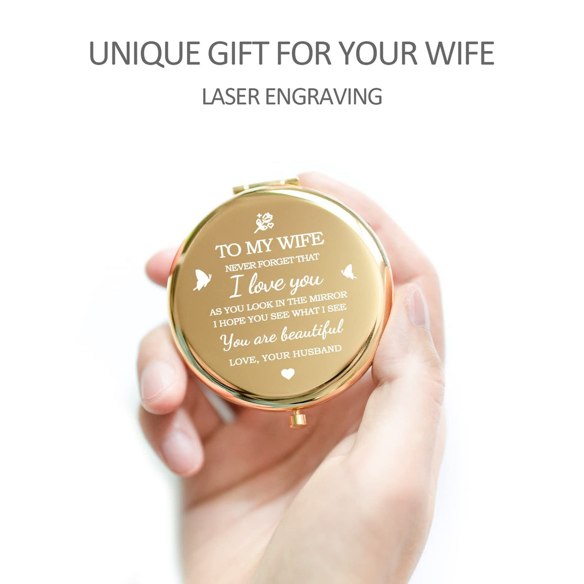Personalized Compact Makeup Mirror for Wife - Engraved Double-Sided Travel Mirror